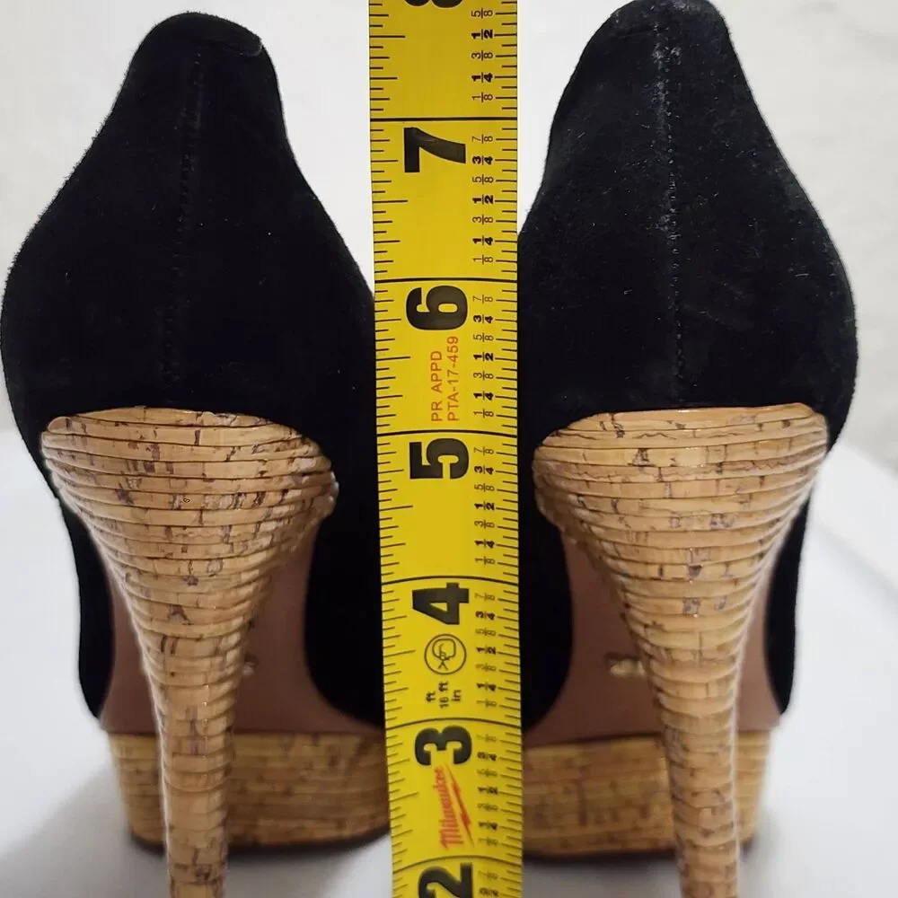 SCHUTZ Black Suede Peep Toe Platform Stiletto Heels Cork Bamboo Texture Pumps 9B